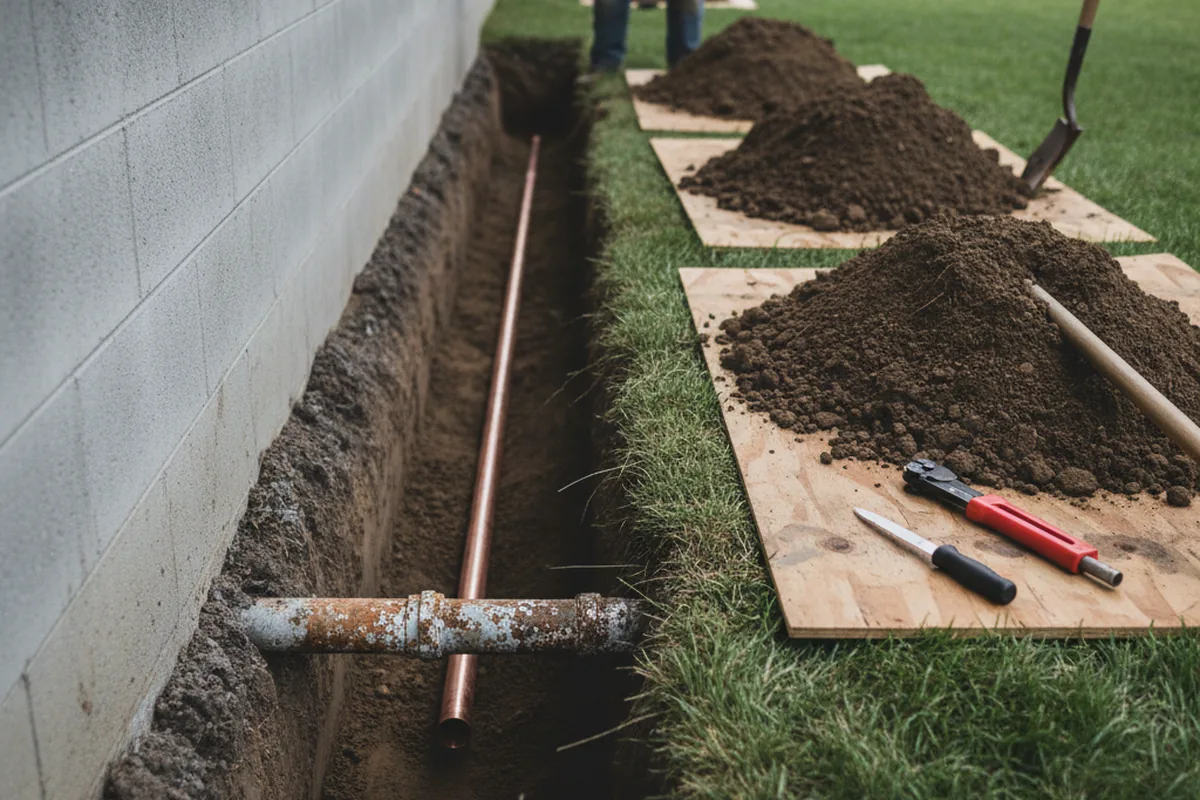 Excavated water line trench during Sewer Line Repair in Santee
